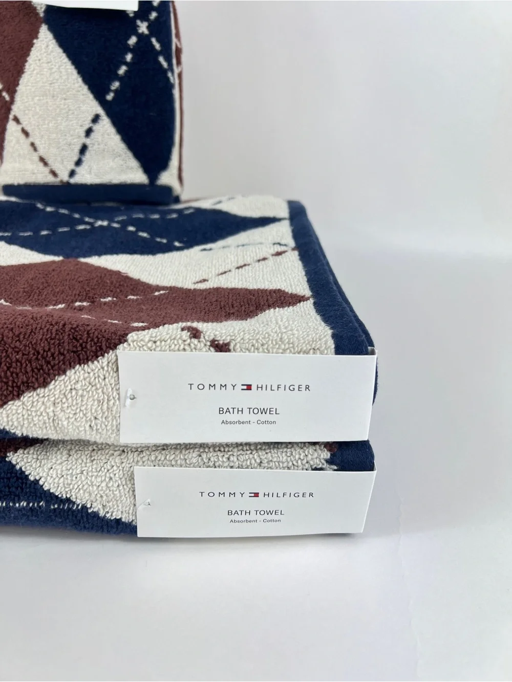 Tommy Hilfiger 8 Pc Bath Towel Set Cream Navy Brown Argyle 100% Cotton NEW
